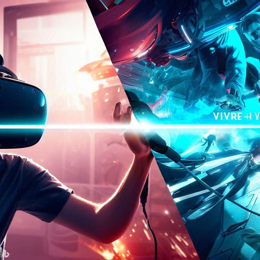 This hero image showcases a split-screen effect, with one half showing a person wearing the HTC Vive Pro 2 headset and the other half showing someone using the Valve Index. The person wearing the HTC Vive Pro 2 is immersed in a high-resolution virtual world with detailed graphics. The person using the Valve Index is in a fast-paced VR game with smooth motion and immersive audio. In the center, the text "VR Immersion: HTC Vive Pro 2 vs. Valve Index" is displayed in a bold and contrasting font. This image emphasizes the key differences between the two headsets and their respective strengths.