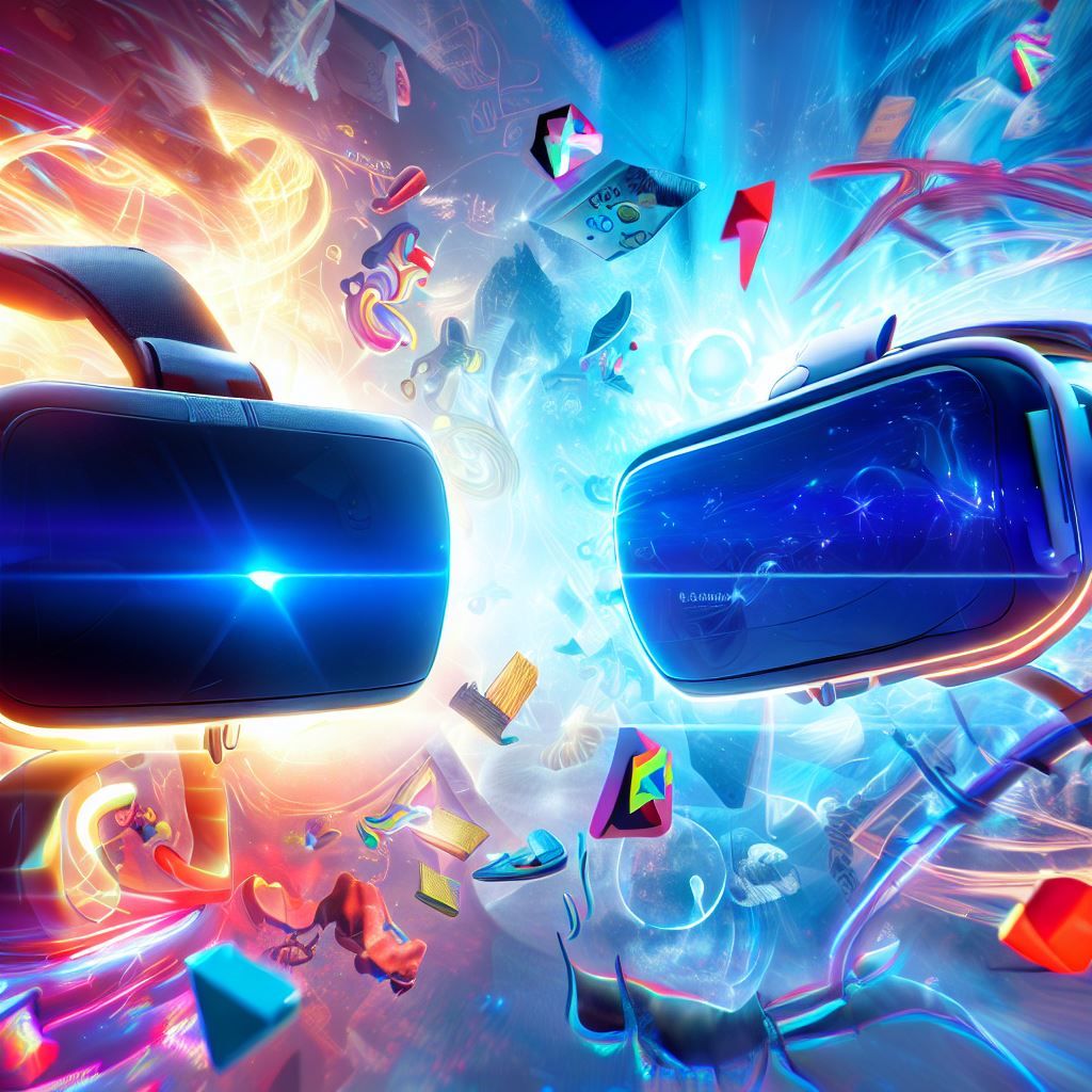 This hero image depicts a dynamic and visually engaging scene where the PlayStation VR and Samsung HMD Odyssey+ headsets are positioned side by side, floating in a futuristic, virtual space. The image is filled with vibrant VR-themed graphics, with elements like virtual worlds, game characters, and educational symbols swirling around the headsets. The PlayStation VR headset could have a blue aura, while the Samsung HMD Odyssey+ headset could have a red aura to represent their respective brands.