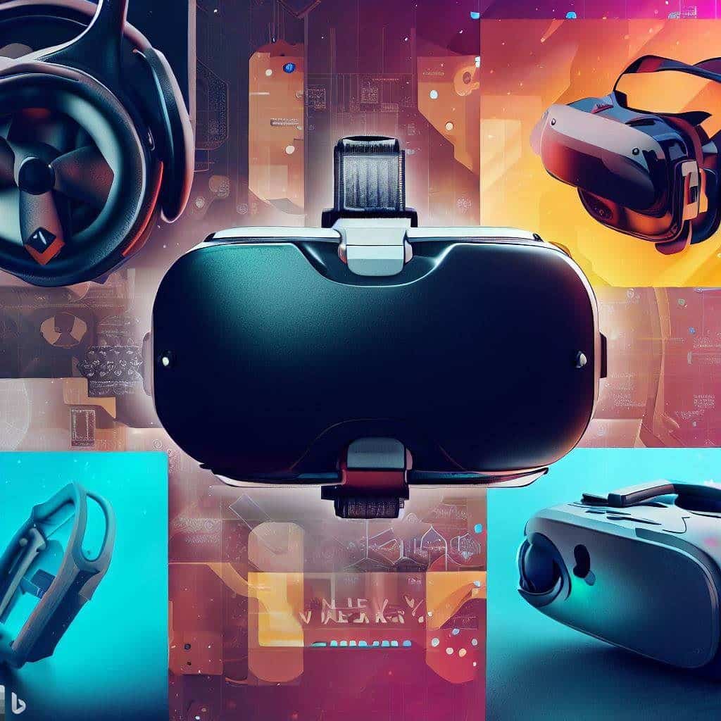 A collage-style image featuring the Valve Index, Pimax 5K Plus, HP Reverb G2, Oculus Rift S, and HTC VIVE Cosmos headsets arranged in a visually appealing way.