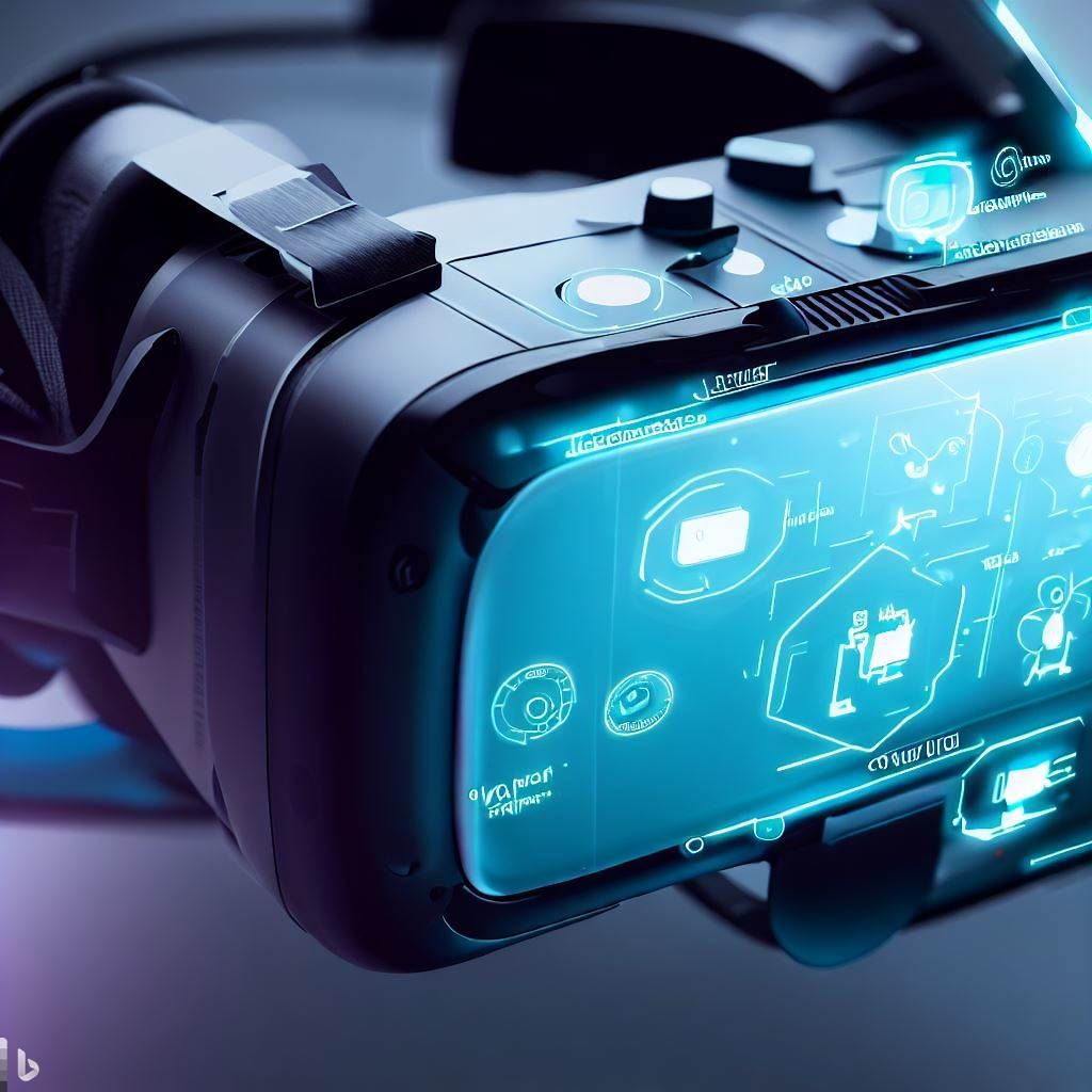 A close-up shot of a VR headset with its various components highlighted. Show the display screen, sensors, and controllers in a clear and informative manner.