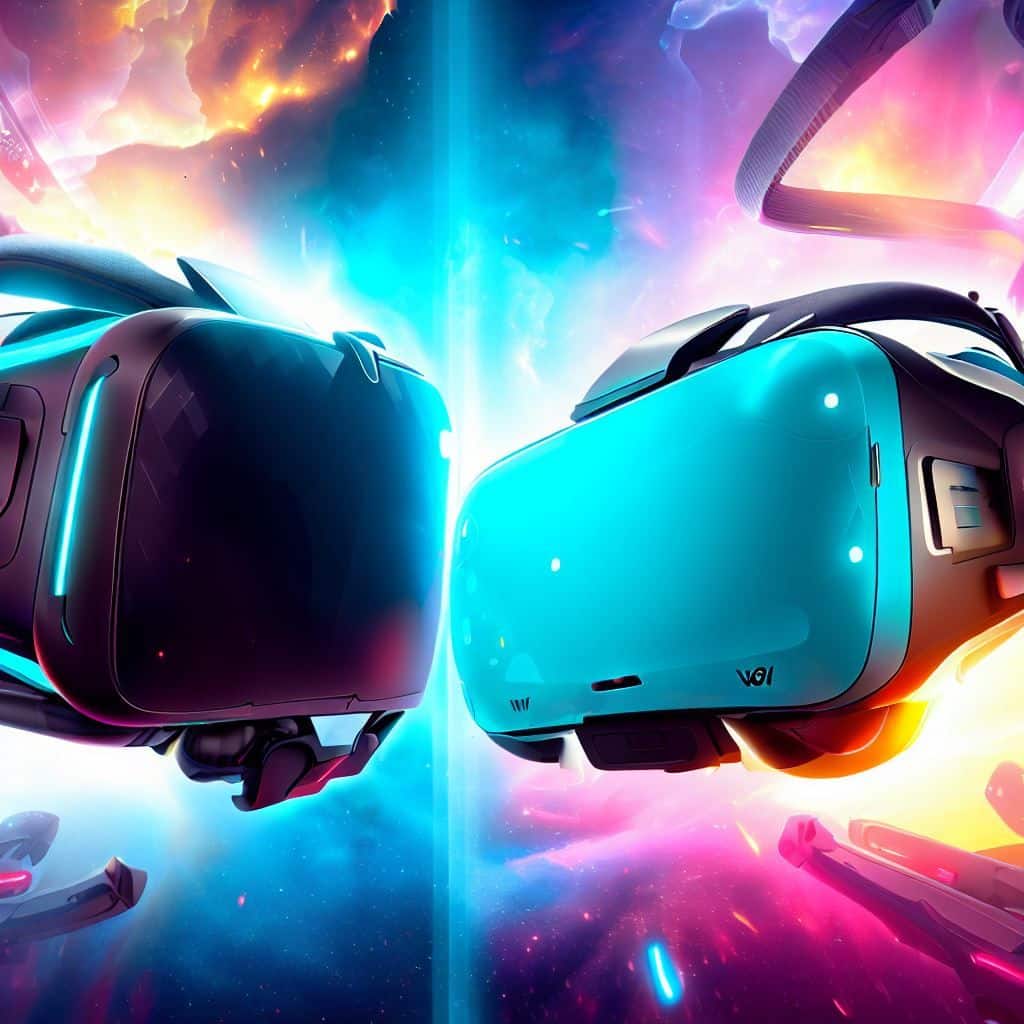 This hero image will showcase a dynamic visual of the Vive Cosmos Elite and HTC Vive Pro 2 headsets in a face-off position, as if they are about to clash in a VR battle. The background should have a futuristic and immersive VR world landscape, with vibrant colors and exciting elements. Each headset should be highlighted with their key features, like the Cosmos Elite's modular design and the Pro 2's high-resolution display. It should convey a sense of excitement and competition in the world of VR.