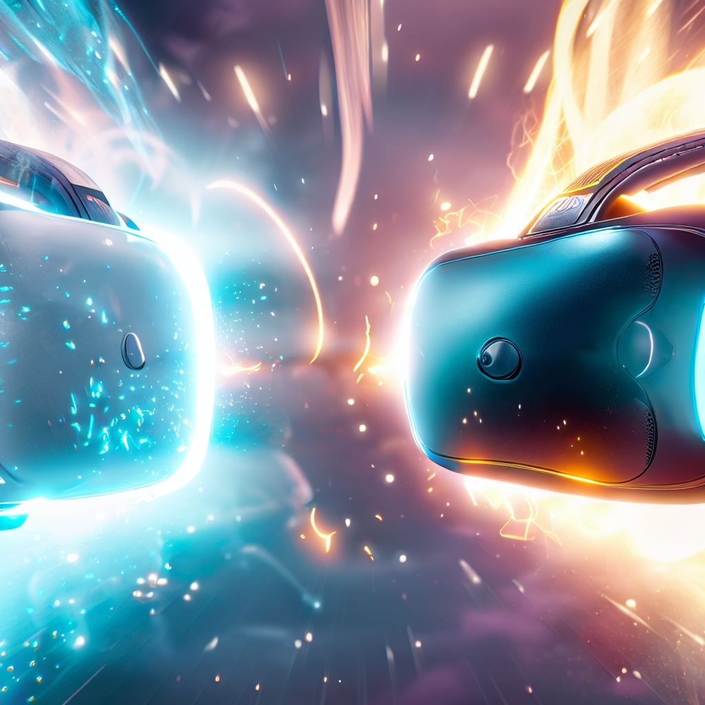 This hero image features a dynamic and eye-catching visual representation of the Oculus Quest 2 and the HTC Vive Cosmos Elite facing off against each other. The headsets can be depicted as futuristic, glowing entities with sparks flying between them, symbolizing the competition. The background could be a blend of virtual reality environments to highlight the immersive experience. This image captures the essence of your article's comparison and competition theme.