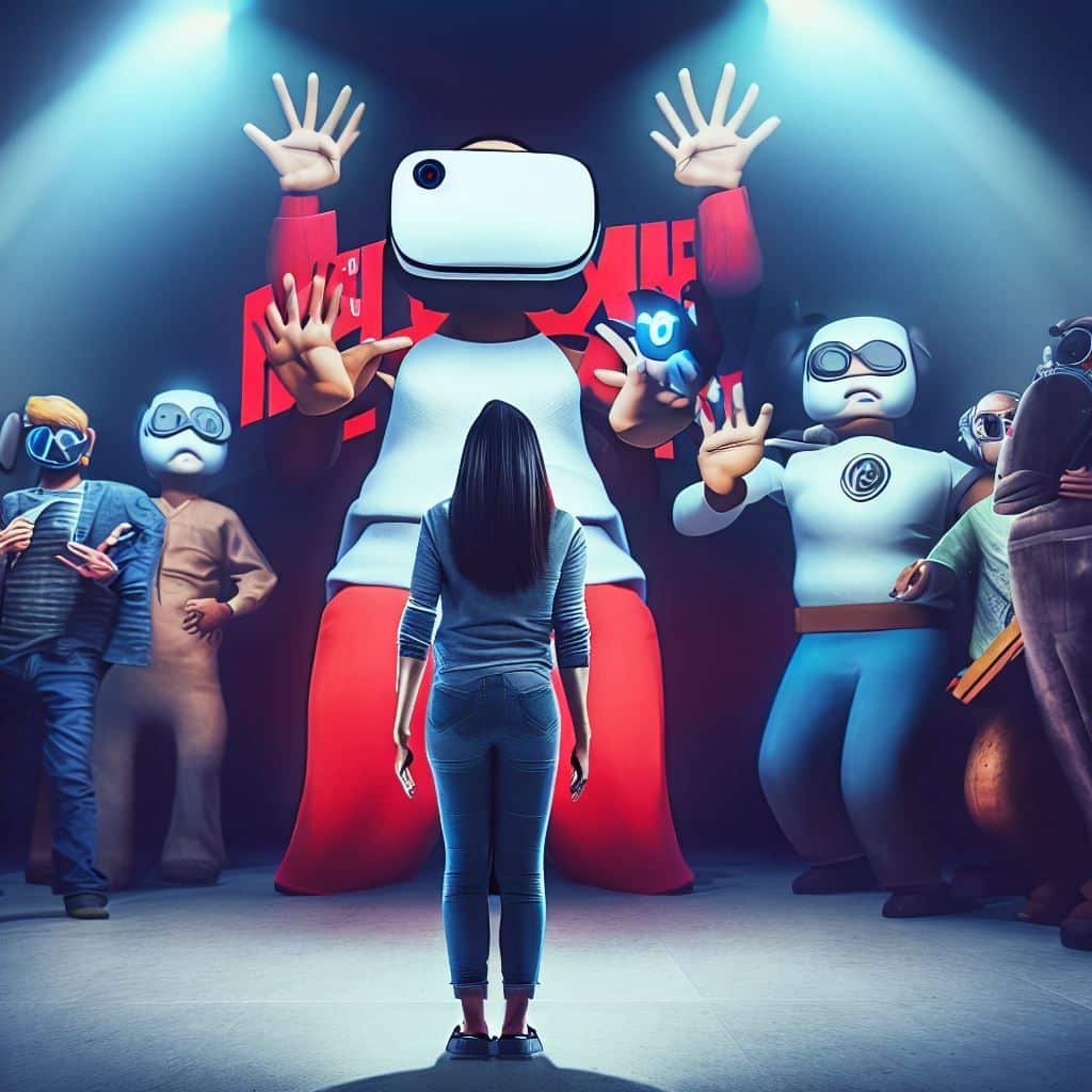 This image could blend elements of VR and entertainment seamlessly. It might show a person in a VR environment surrounded by larger-than-life representations of iconic Netflix characters, with the characters seemingly coming to life. This image captures the idea of how VR brings viewers closer to their favorite shows and movies.