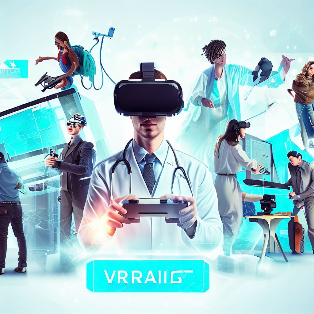This hero image aims to showcase the versatility of VR technology across various fields. It should include multiple individuals engaged in different VR activities, such as a surgeon practicing in a virtual operating room, an architect designing a virtual building, a gamer in an intense VR game, and a student in a virtual classroom. Each person should be wearing a VR headset and surrounded by elements relevant to their respective VR experiences. The text overlay can read, "VR Beyond Boundaries: From Medicine to Education, It's All Possible."