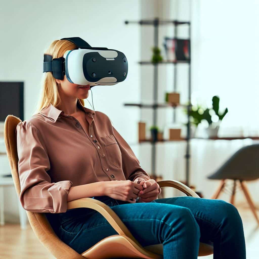 This hero image focuses on the comfort and versatility of the HTC Vive XR Elite. It shows a person wearing the XR Elite headset while comfortably seated in a home office setup. The XR Elite's sleek design, integrated headphones, and adjustable features should be highlighted. The background could feature a mix of virtual and real-world elements to emphasize its extended reality capabilities.
