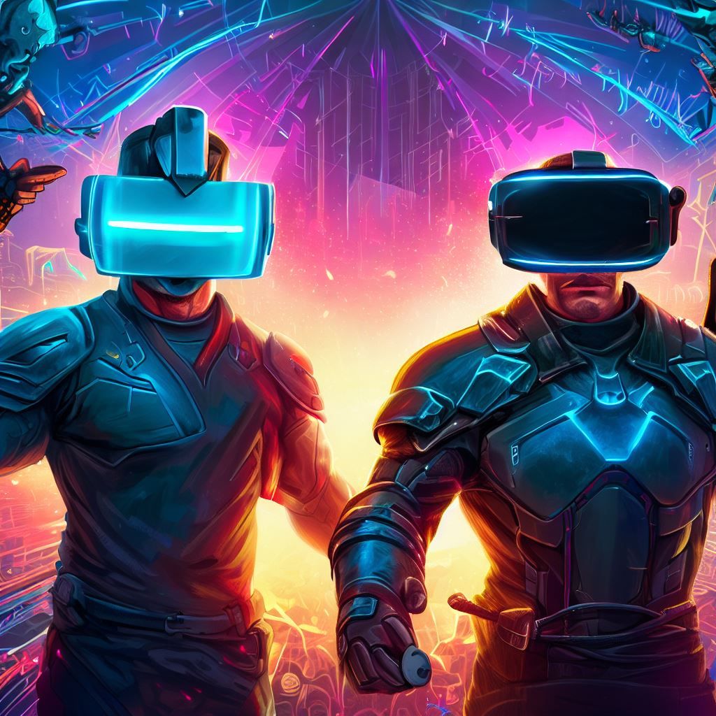 Illustrate the rivalry between PlayStation VR and HTC Vive Pro 2 by depicting them as epic warriors in a futuristic arena. Show PlayStation VR and HTC Vive Pro 2 as imposing figures, each wearing their respective VR headsets as helmets, with glowing visors to symbolize the immersive experience. Behind them, create a vibrant and dynamic virtual world with elements from popular VR games emerging to emphasize the gaming environment.