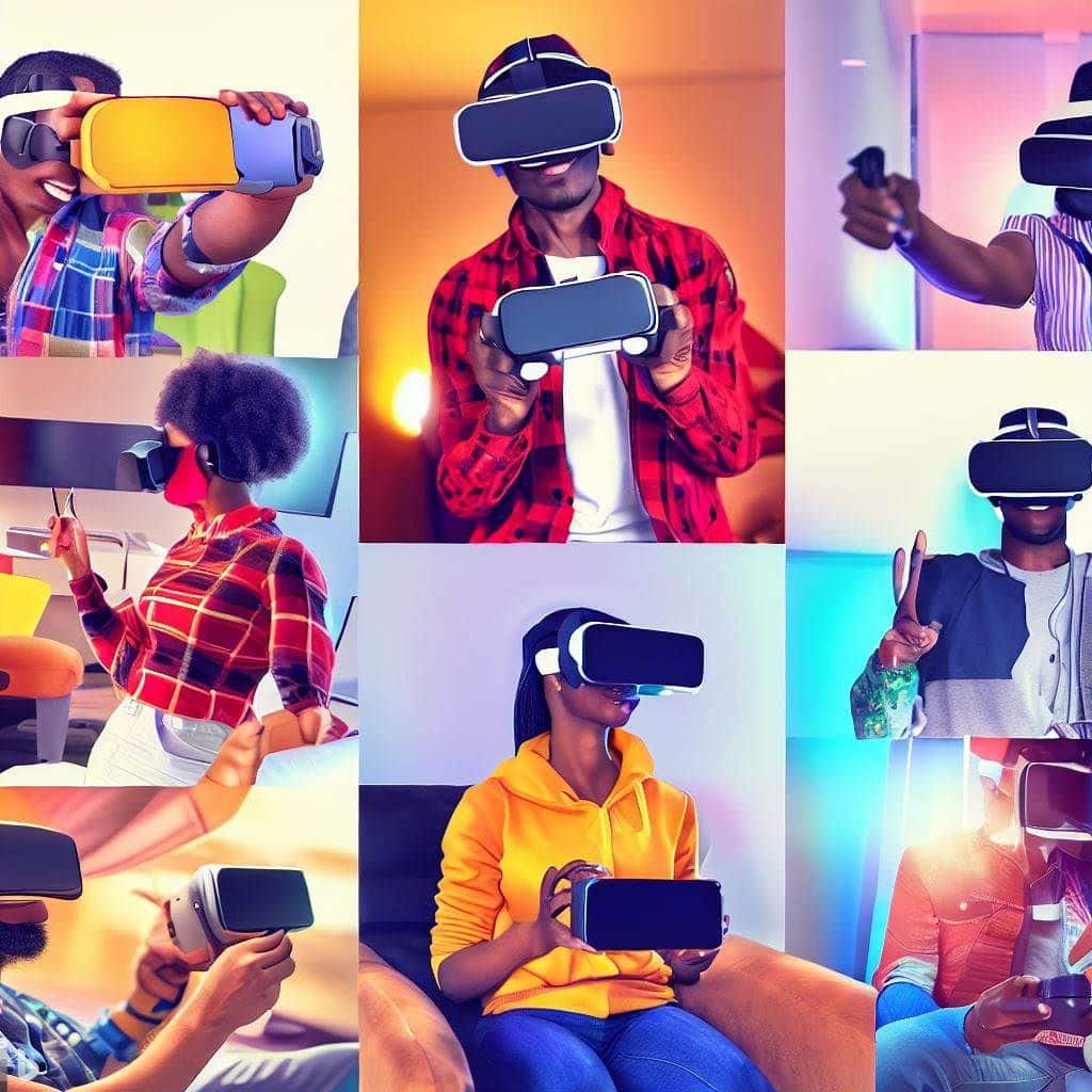 A collage of diverse individuals enjoying VR experiences. Show people of different ages and backgrounds using VR headsets for gaming, education, entertainment, and medical applications.