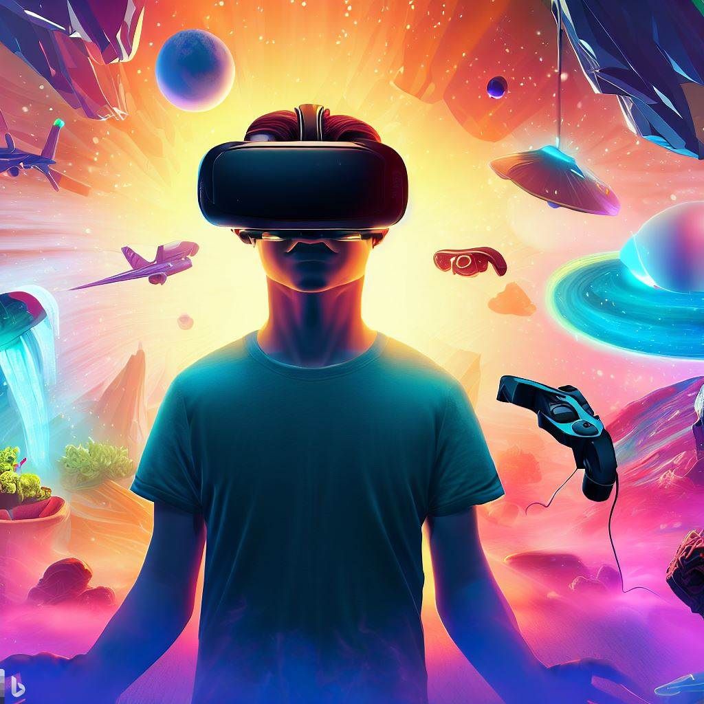 Design an image that immerses the viewer in a virtual gaming environment. Depict a person wearing a VR headset, surrounded by vibrant virtual landscapes, gaming elements, and floating VR headset models representing the options available. Include text like "Enter the VR Gaming Universe" to pique users' interest.