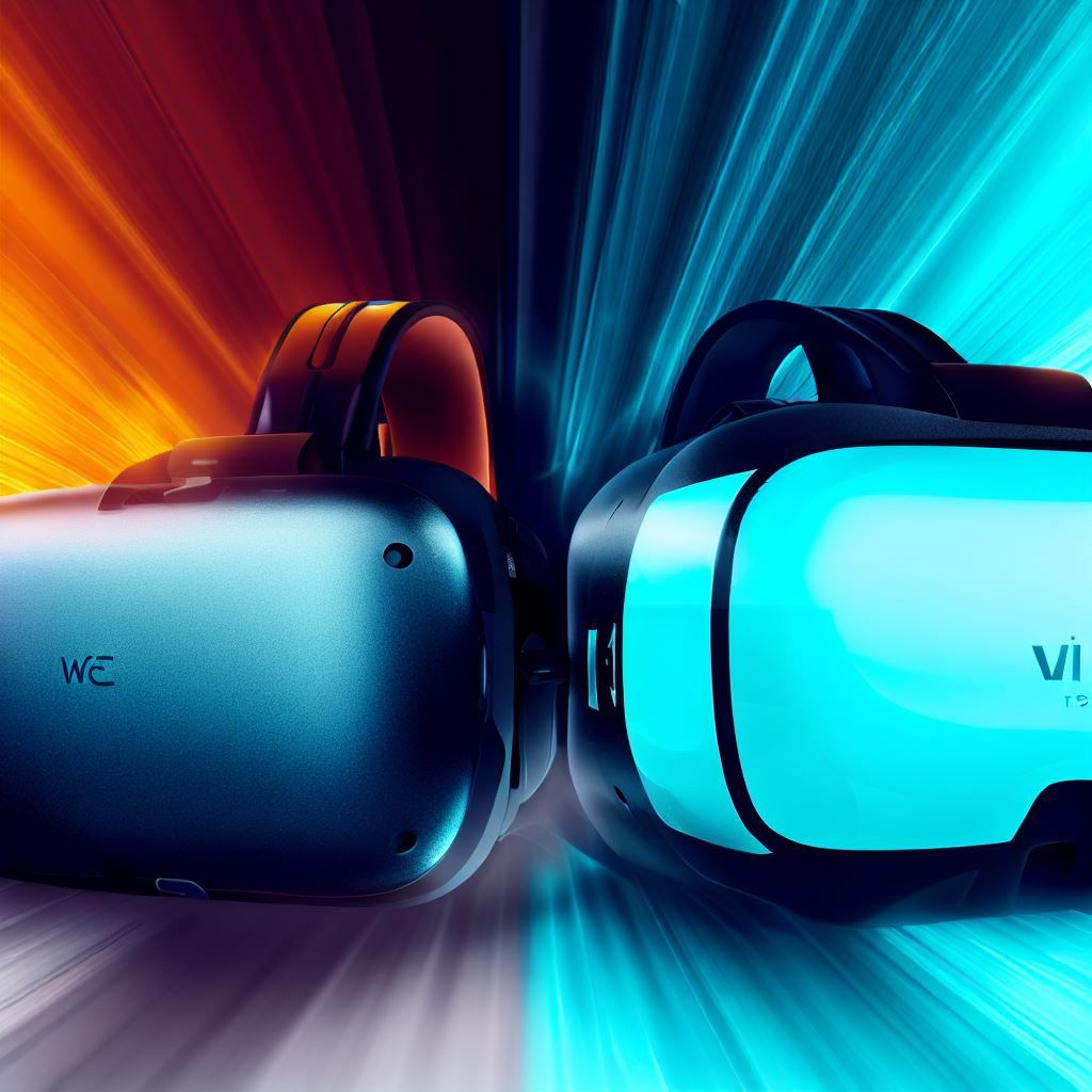 This hero image showcases a dynamic, eye-catching visual of the Pico 4 and HTC Vive XR Elite VR headsets side by side. The Pico 4 is on the left side, depicted with a cool blue hue, representing its affordability and lightweight design. On the right side, the HTC Vive XR Elite is shown with a vibrant orange glow, symbolizing its premium performance and immersive experience. Both headsets are suspended in a futuristic VR environment with digital elements floating around to convey the idea of virtual reality. Text overlay at the top reads, "Virtual Reality Showdown: Pico 4 vs. HTC Vive XR Elite," in bold, modern typography.