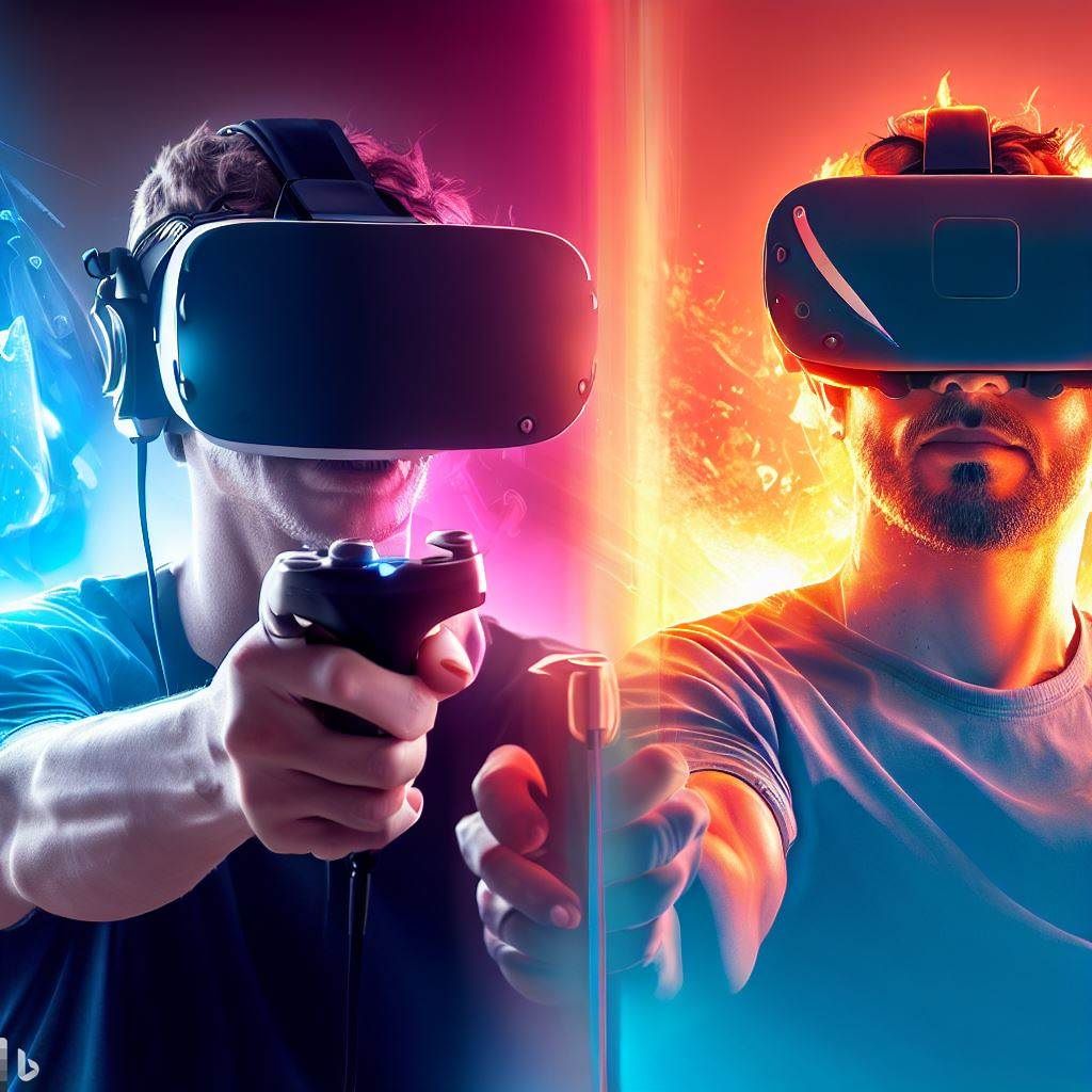 This hero image showcases a dynamic visual representation of the Oculus Rift S and Samsung HMD Odyssey+ facing each other. On the left side, you have the Oculus Rift S depicted in its immersive VR environment. Show a gamer wearing the headset, with their hands holding the Oculus controllers, engaged in a captivating VR game. On the right side, display the Samsung HMD Odyssey+ in a similar immersive environment, with its user experiencing VR content with vibrant colors and deep blacks. In the center, have a bold, attention-grabbing title that says "Virtual Showdown: Oculus Rift S vs Samsung HMD Odyssey+". Below the title, provide a brief description or tagline like "Experience the Battle for VR Supremacy" to pique the visitors' interest.