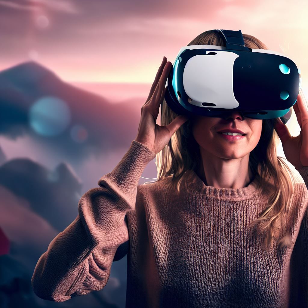 This hero image will focus on the users' experience and the idea that both the Vive Cosmos Elite and HTC Vive Pro 2 can be the gateway to an extraordinary VR experience. It will show a user wearing one of the headsets, completely immersed in a captivating VR environment. The background should feature a stunning VR landscape with eye-catching visuals. Text overlay should emphasize the idea that these headsets offer the best in VR immersion and quality.