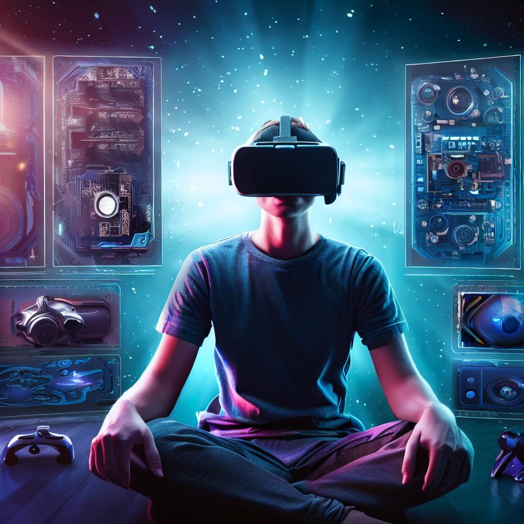 Set the stage for a user's VR journey with an image of a VR enthusiast wearing a headset, engrossed in a thrilling virtual adventure. Surrounding them is a carefully curated collection of graphics cards, each with its own charm and capabilities. Overlaid text stands out with the message, "Your VR Journey Starts Here - Choose the Perfect Graphics Card for Your Virtual Odyssey."